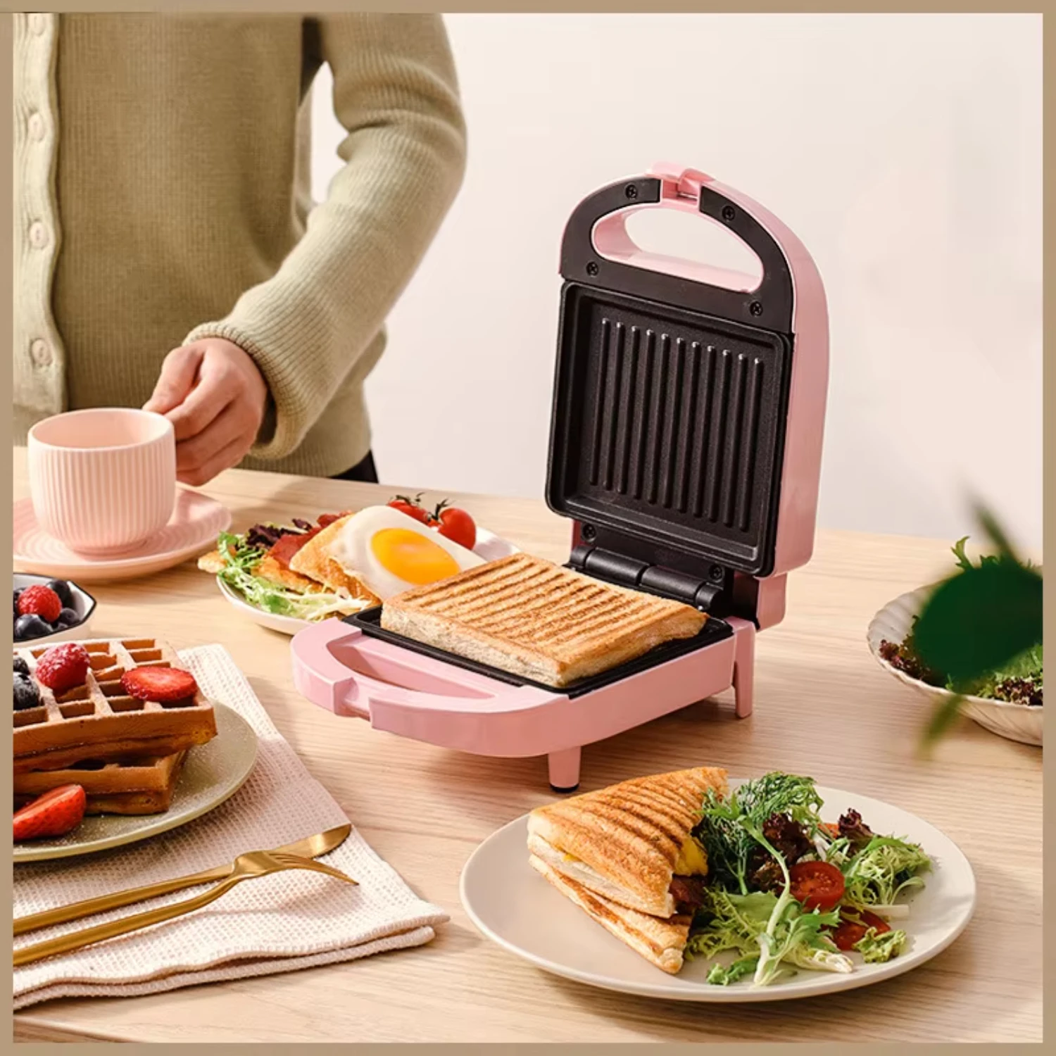 Máquina de sanduíche multifuncional portátil antiaderente para assar waffle - cor vermelha rosa