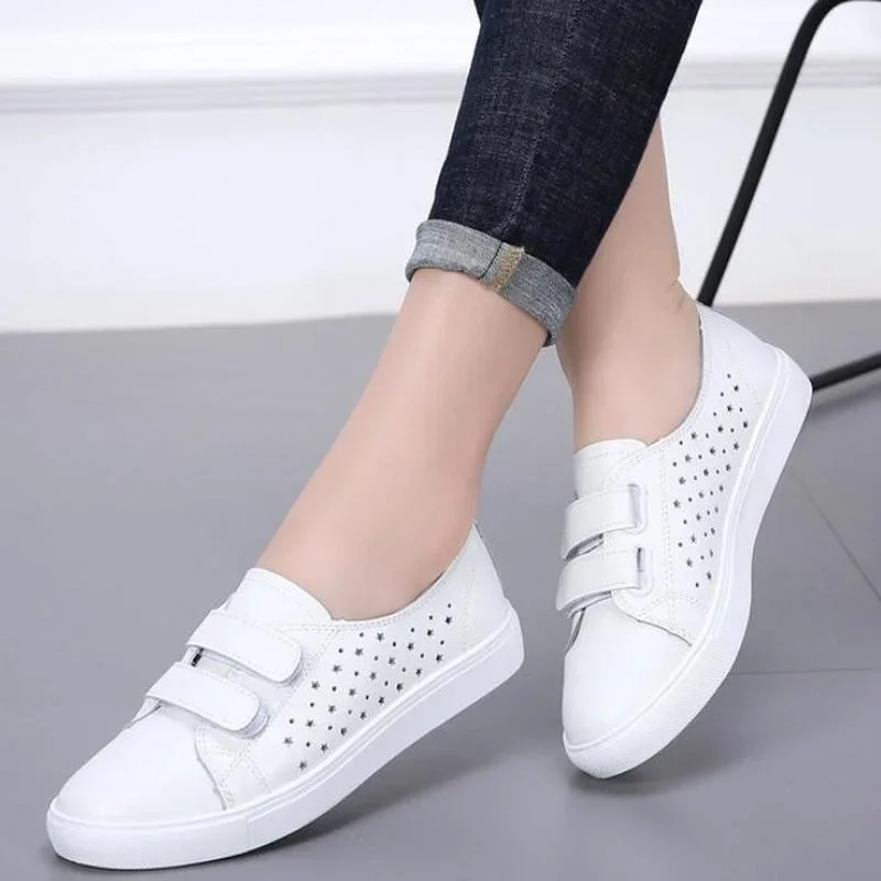 Spring New White Shoes Leather PU Casual for Women\'s Breathable Running Shoes Students Sneakers Tennis Female Hook & Loop Autumn