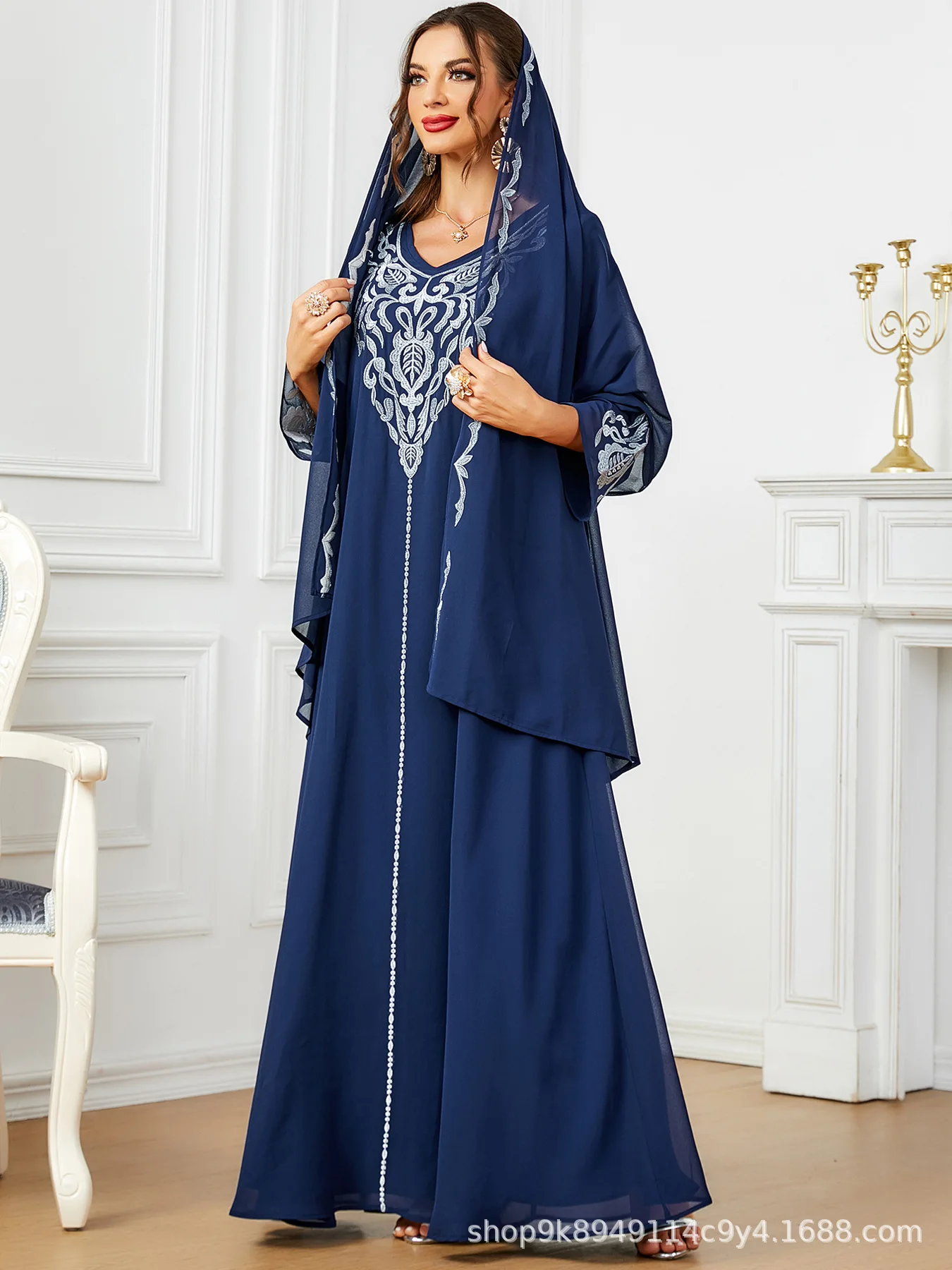 Arabisch geborduurd gewaad met sjaal moslim midden-oosten kostuum abaya elegante mode dubai lange jurk moslim vrouwen jurk vestido