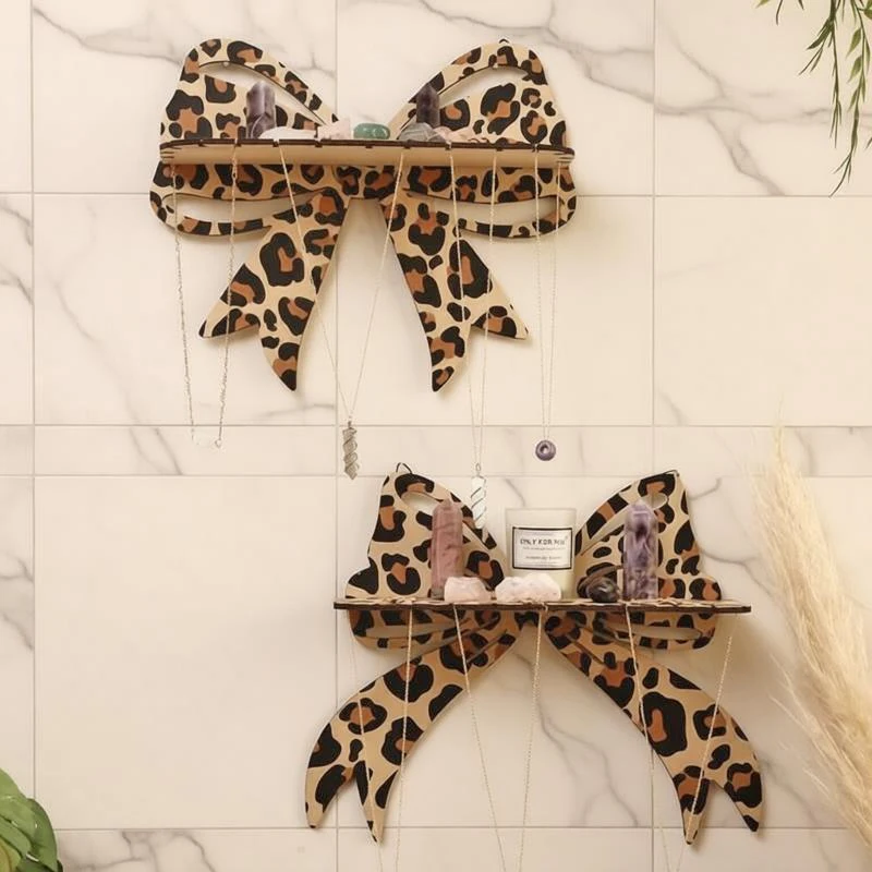 1PC Bow Wall Mounted Storage Rack Leopard Print Hanging Rack Hanging Jewelry Pretty Display Rack Home Living Room Storage Rack