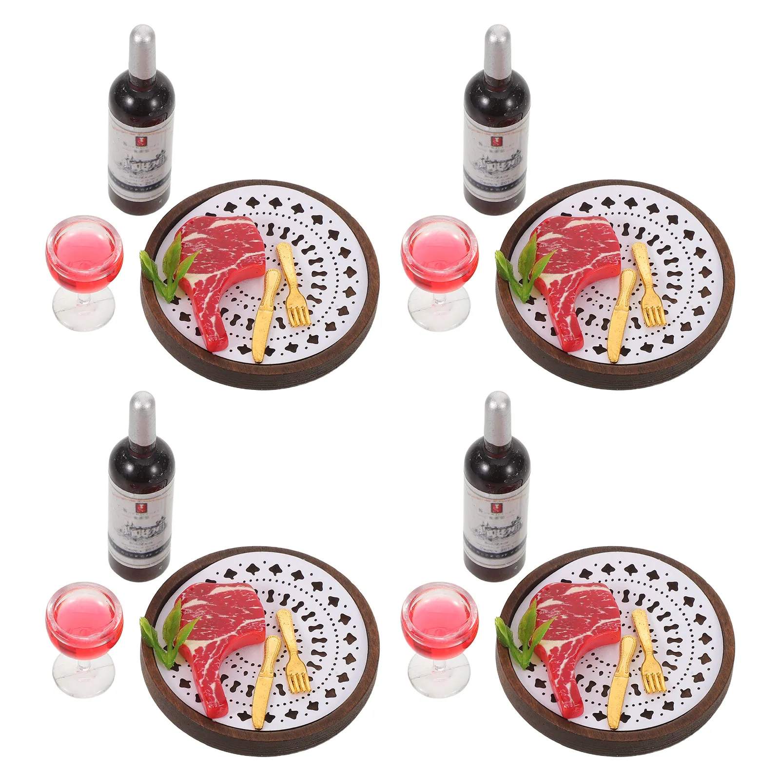 

4 Sets Miniature Food Dollhouse Realistic Mini Steak Red Wine Glass Scene Decoration Mini Dining Table Craft Accessories
