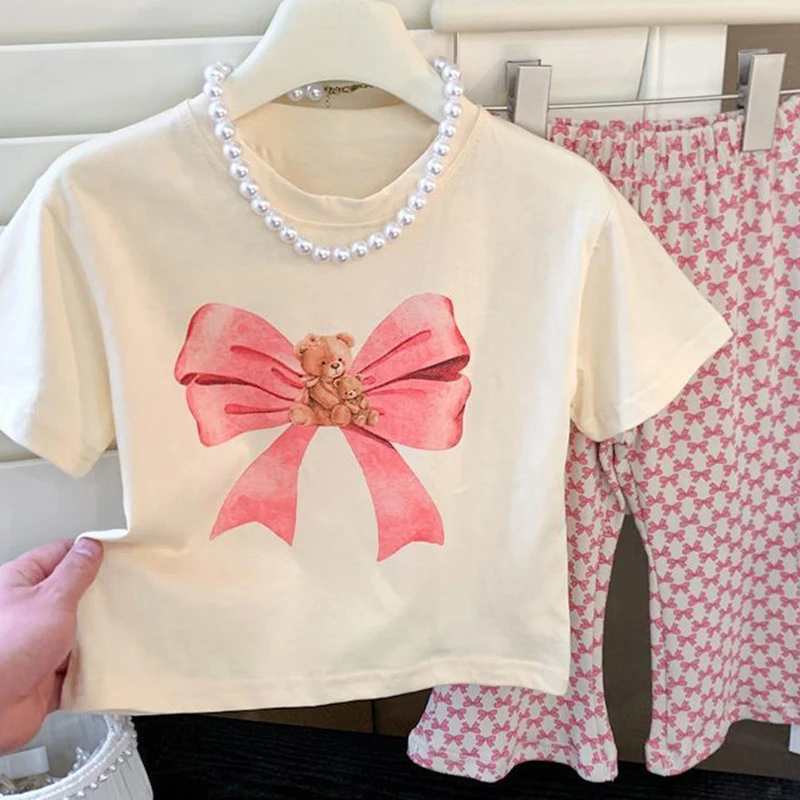 2Pcs Girls Clothes Sets Summer Kids Cartoon Bowknot Pattern Vest T-shirt + Print Wide Leg Pants Suits Baby Children Clothing image 3