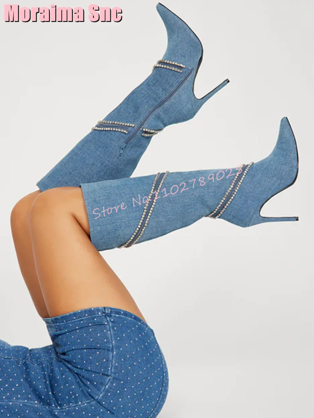 

2023 Unique Denim Crystal Wrap Knee High Boots Stiletto High Heel Pointed Toe Side Zipper Fashion Solid Women Long Boots Winter