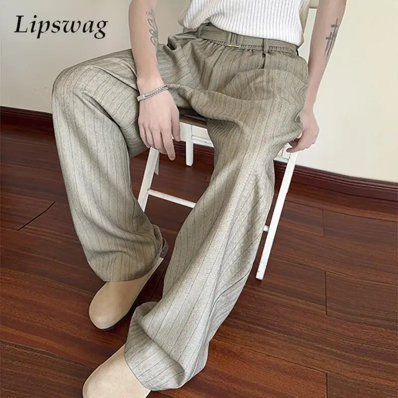 

Винтажные полосатые текстурированные брюки на шнуровке, мужские уличные модные свободные прямые брюки, мужские весенние модные плиссированные драпированные брюки