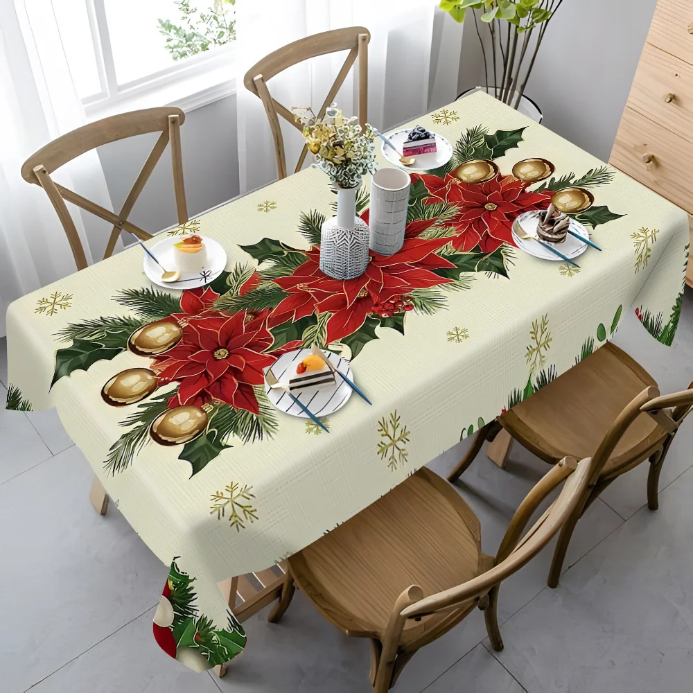 Christmas Poinsettia Snowflake Tablecloth for Table Decor Winter Xmas Ball Pine Kitchen Dining Table Cloth Christmas Decoration