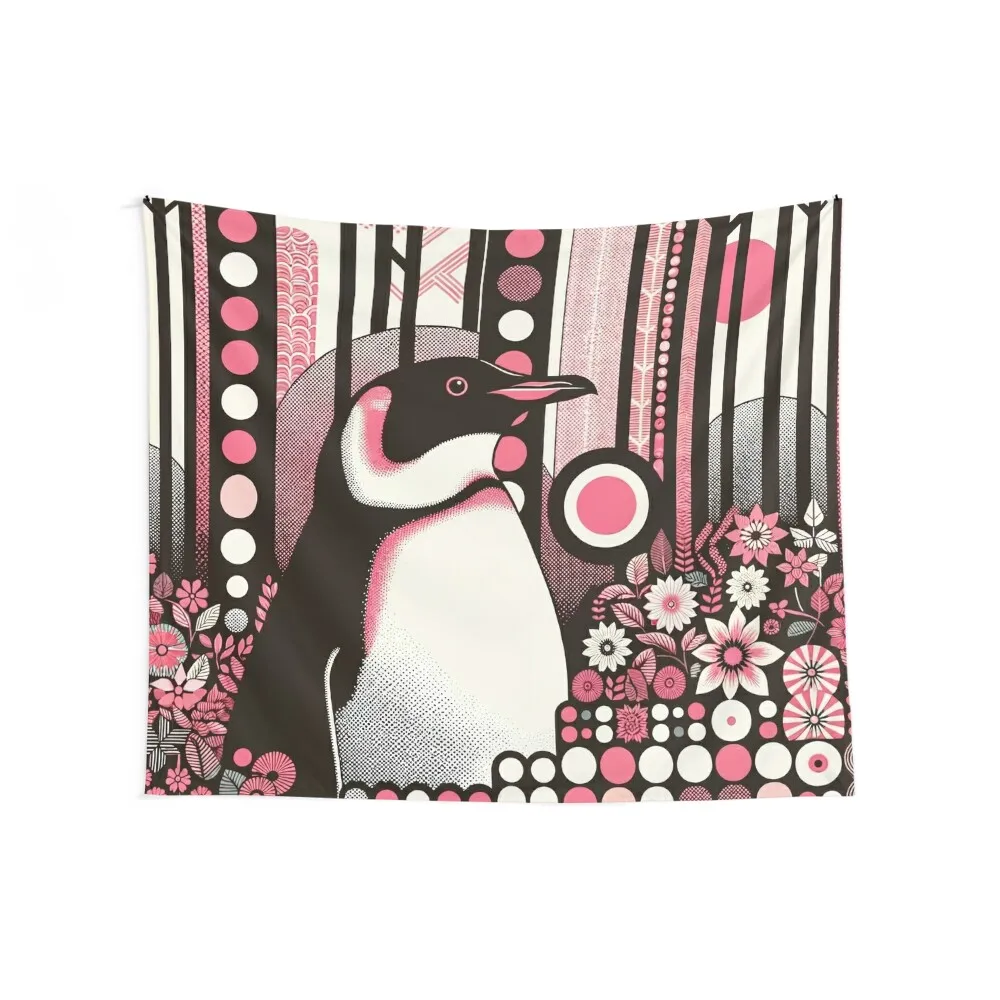 Cute Penguin In Pink Salmon Flower Forest Tapestry Home Decoration Accessories For Bedroom Bathroom Decor Tapestry