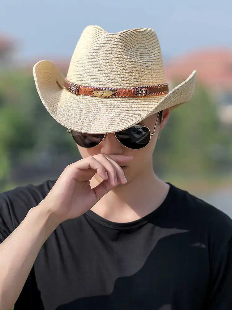 Women Men Cowboy Hat Summer Wide Brim Western Cowgirl Straw Hats Fashion West Fancy Dress Party Headwear Unisex Cap