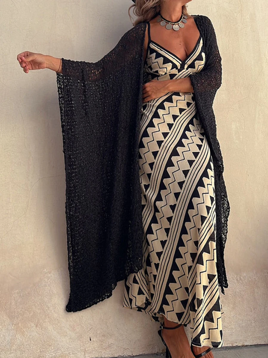 هندسية مطبوعة مثير المرأة ماكسي فساتين أكمام الخامس الرقبة ألف خط حمالة السيدات Vestidos موضة فستان طويل غير رسمي للمرأة