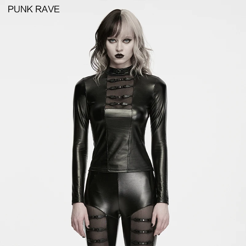 PUNK RAVE Women's Punk Soft Faux Leather Dark Mesh T-shirt Sexiness Futuristic Feel Slim Club Tees