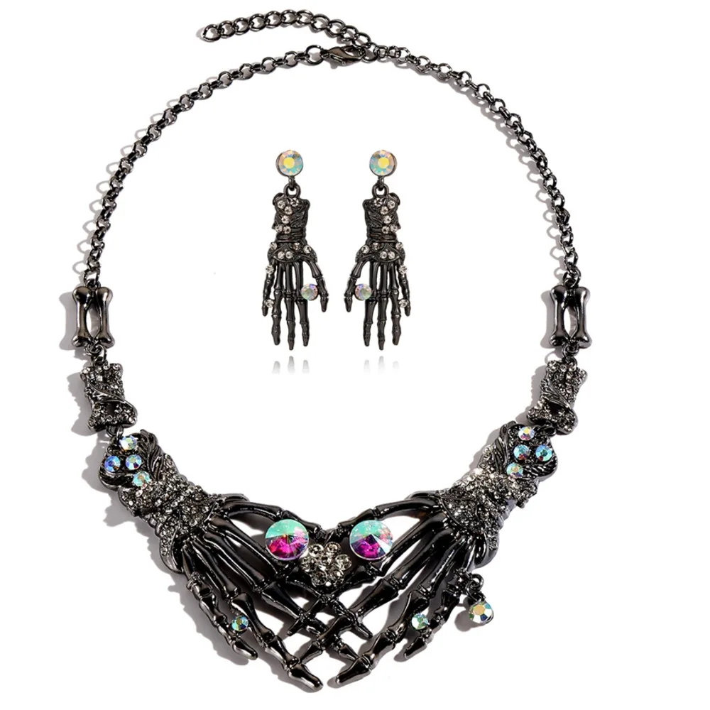 New Halloween Jewelry Sets Gothic Punk Rhinestones Bone Ghost Hand Necklace And Earrings For Women Easter Accessories