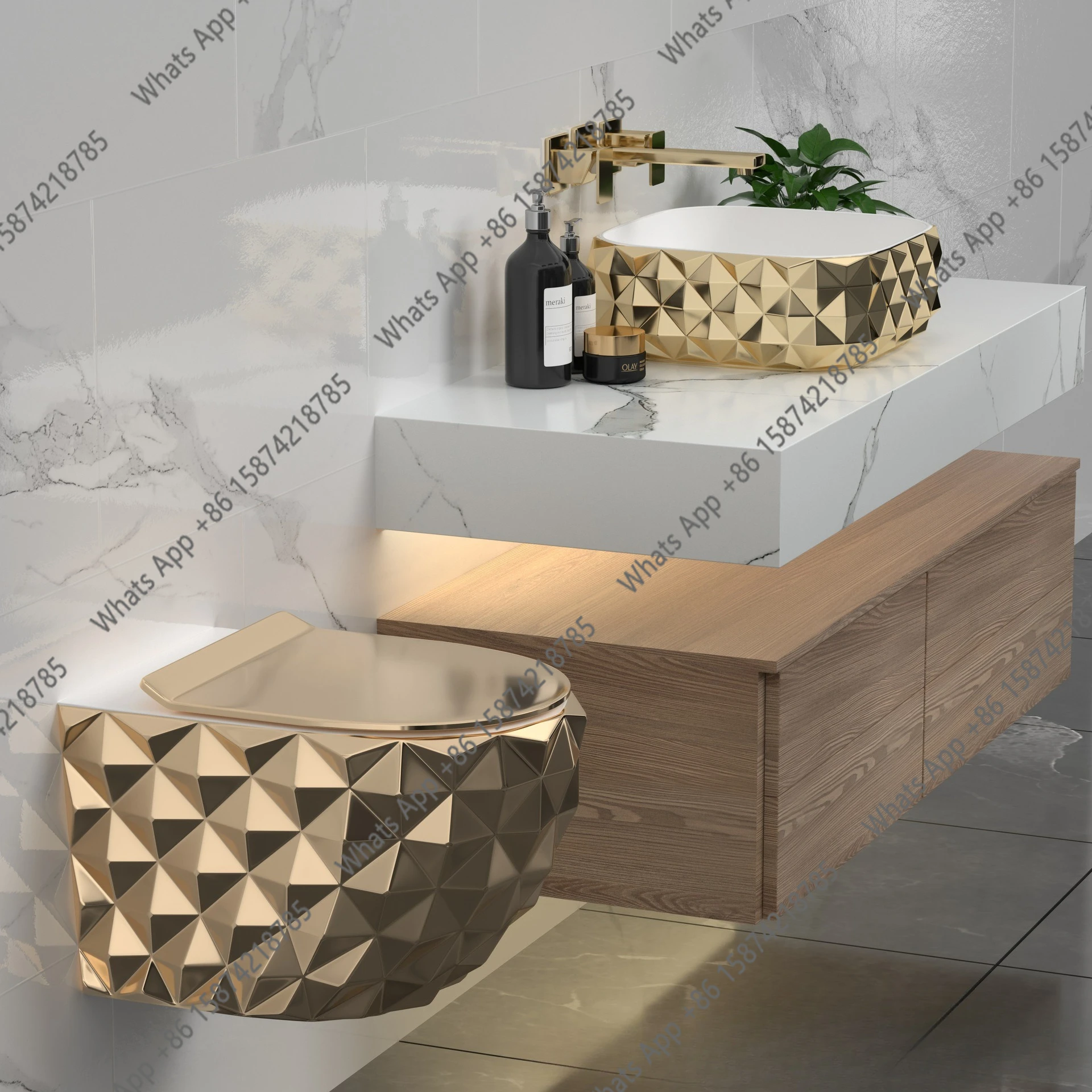 

Hotel bathroom gold hanging toilet villa electroplated ceramic wall hanging toilet diamond pattern hanging toilet