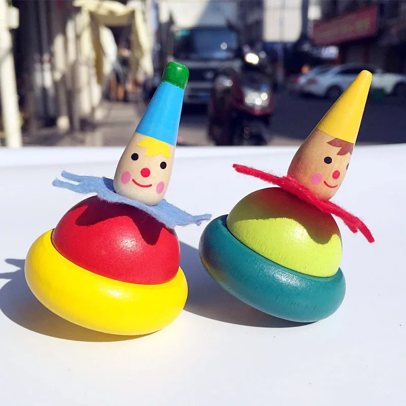 

2Pcs Children's Clown Spinning Gyro Creative Cartoon Cute Wooden Painted Traditional Gyro Children Nostalgic Decompress Toys