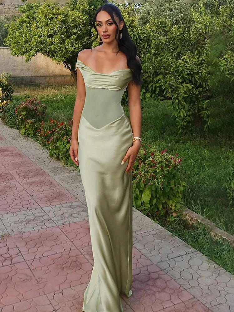 JULISSA MO Patchwork Sexy Off Schulter Mesh Frauen Maxi Kleid Grün Durchsichtig Hohe Taille Kleid Schlanke Elegante Party Abendkleid
