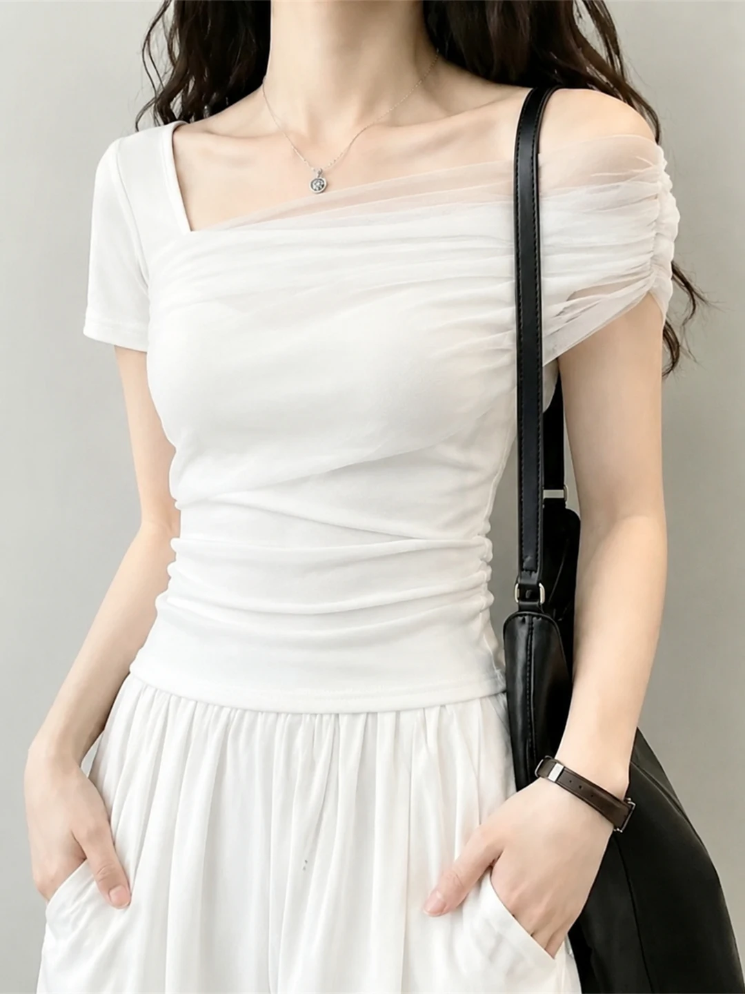 

Elegant Ladylike Summer Top Luxury Mesh Splicing Design Sensation Youthful Deduction Korean Style Slim Fit Short Sleeve