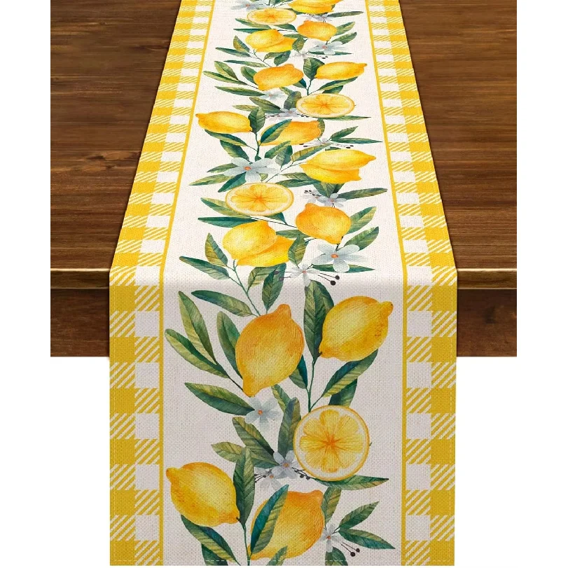 Summer Lemon Table Runner - 1PC Yellow White Buffalo Check Plaid Fresh Fruit Farmhouse Pattern Dining Cover