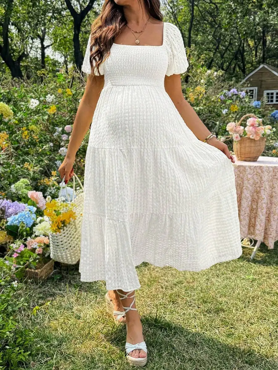 

White Solid Square Neck Smocked Tiered Midi Dress With Puffed Sleeves