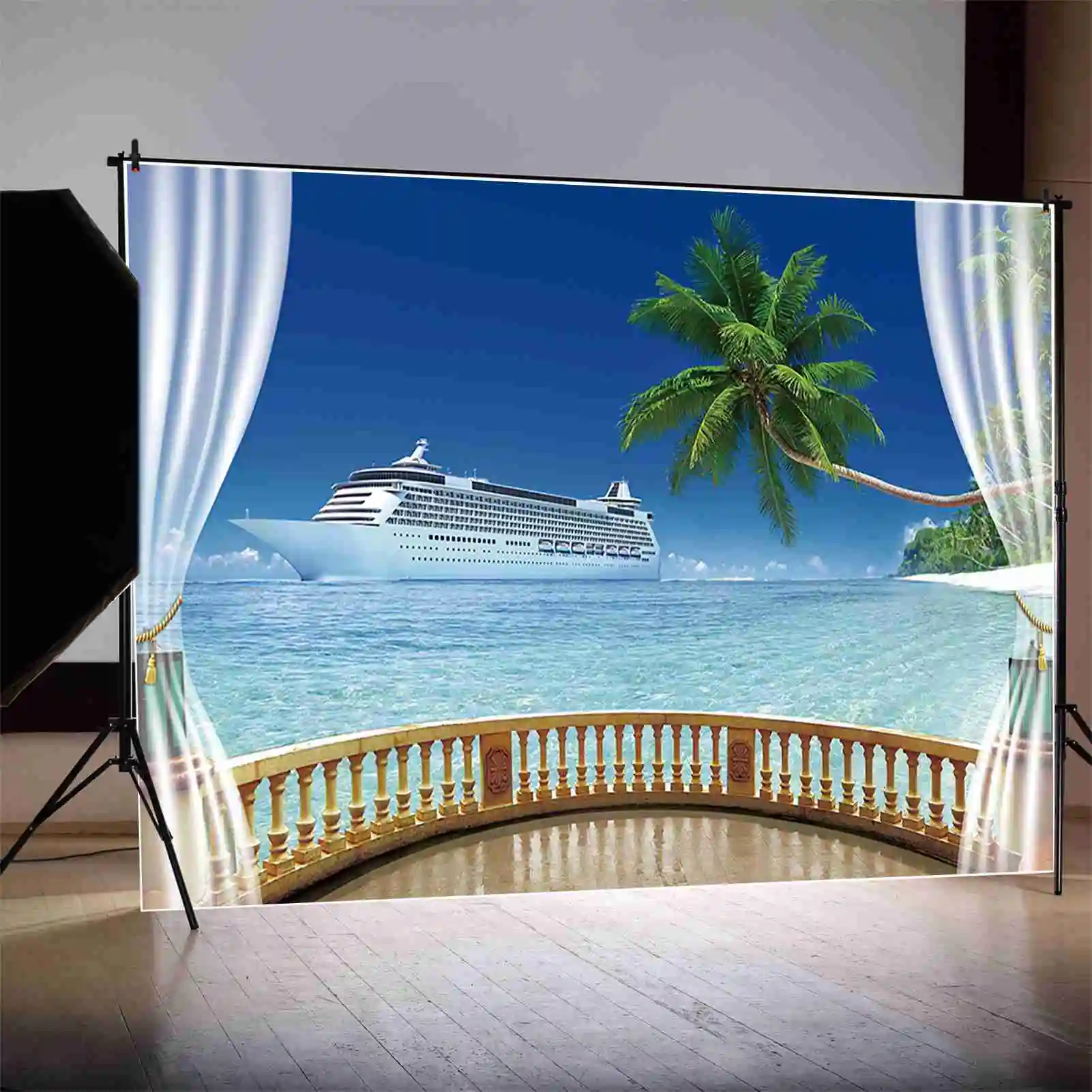 MOON.QG Tropical Ship Boat Adult Birthday Backgrounds Summer Ocean Seaside Palm Tree Backdrops Customized Party Photocall Props