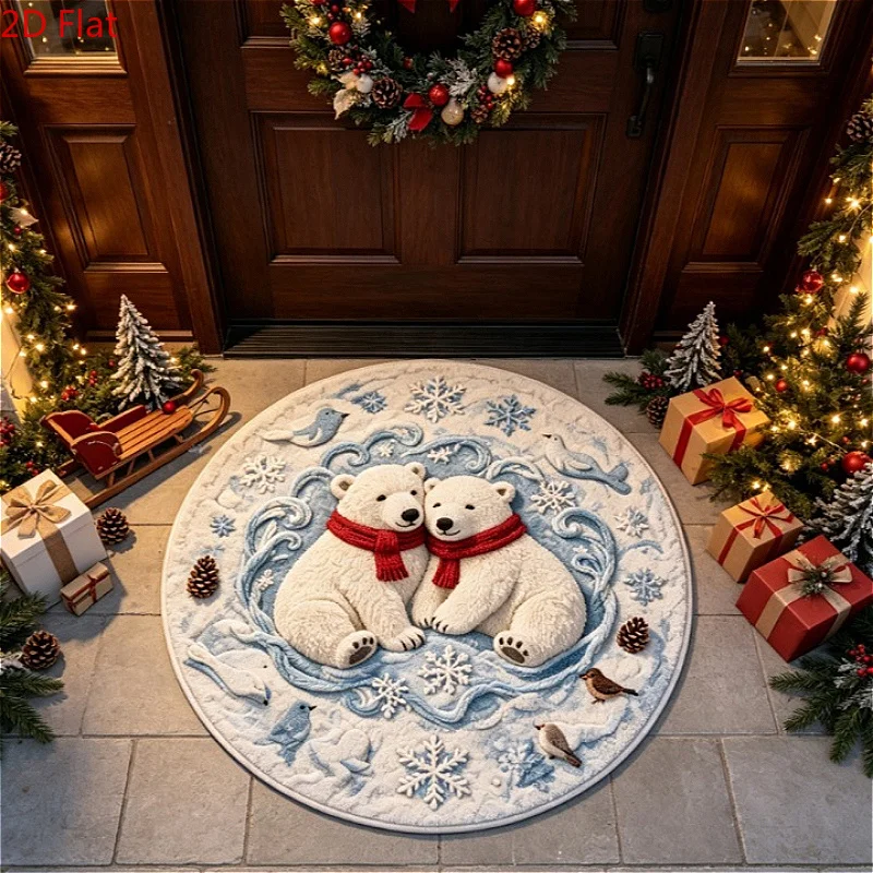 Winter Cabin Round Carpet 2D Flat Red Roof Log Hut Front Door Patio Festive Home Decor Area Rugs Christmas Large Floor Mat