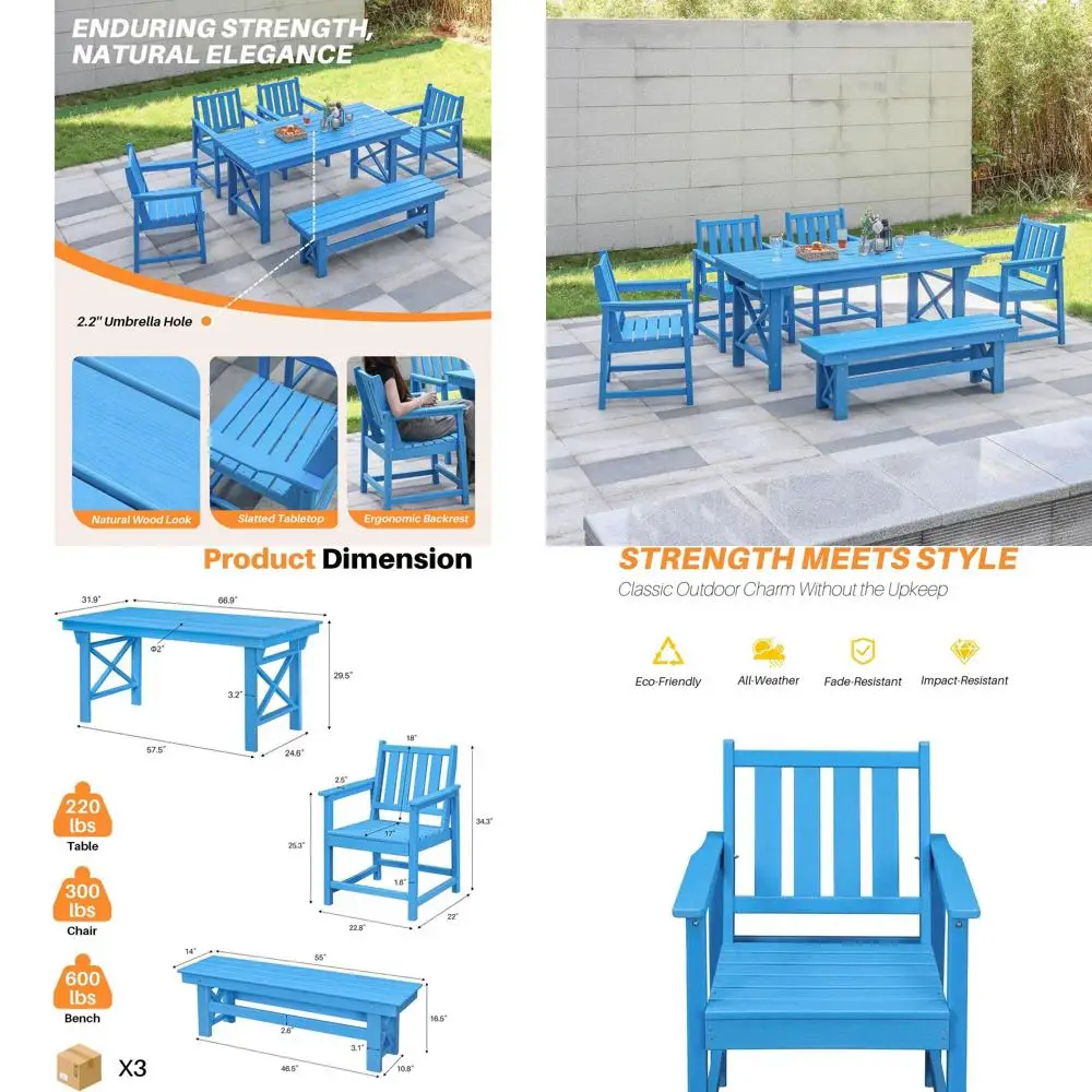 

6-Piece HDPE Outdoor Dining Set with 4 Chairs, 1 Bench, and Umbrella Hole, Sky Blue, Ideal for Patio, Poolside, Garden