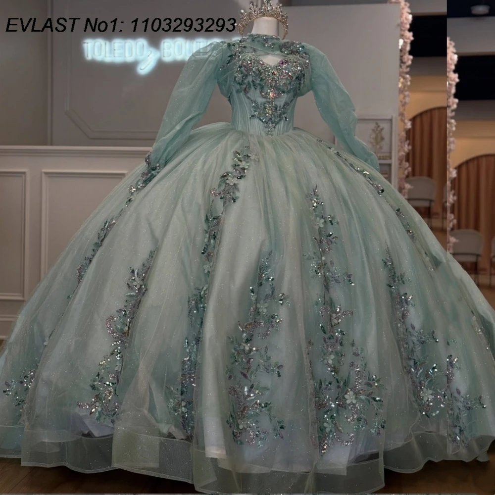 EVLAST Personalizzato Messicano Verde Abito Quinceanera Abito di Sfera Paillettes Oro Applique Che Borda Dolce 16 Abiti Da 15 Anos E1QN787