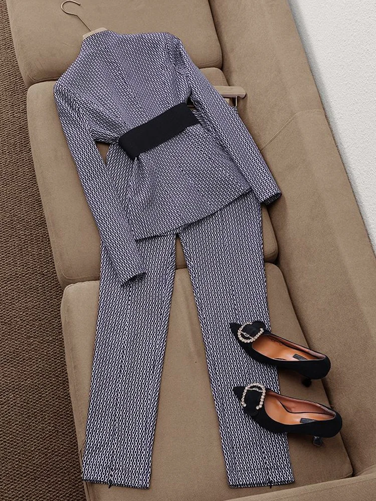 Women Elegant Vintage Stripe Suit Jacket Blazer And Long Pant Two Piece Set Matching Outfit Office Ladies Fashion Casual Cloth