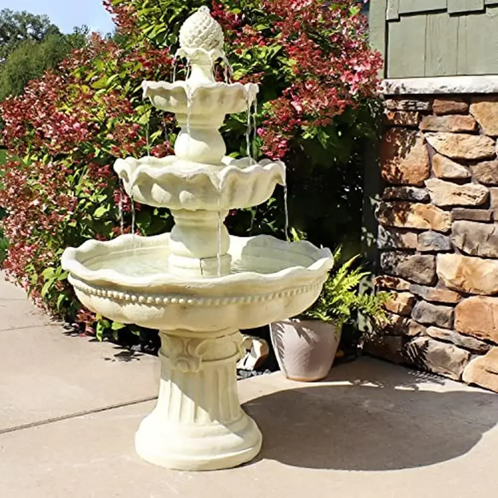 51-Inch 3-Tier Outdoor Water Fountain Pineapple Top Fiberglass Elegant Decor Resin White Royal Courtyard Easy Assembly Relaxing