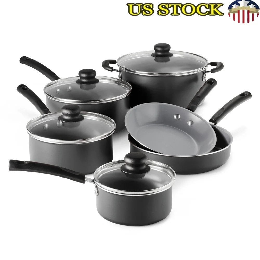 

10 Piece Durable Nonstick Ceramic Cookware Set Easy Cleanup Stay Cool Handles Shatter Resistant Glass Lids Dishwasher Safe