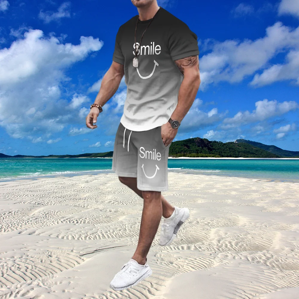 Verão conjuntos de 2 peças dos homens terno agasalho oversized roupas estilo praia 3d impresso sorridente rosto t camisas calções terno