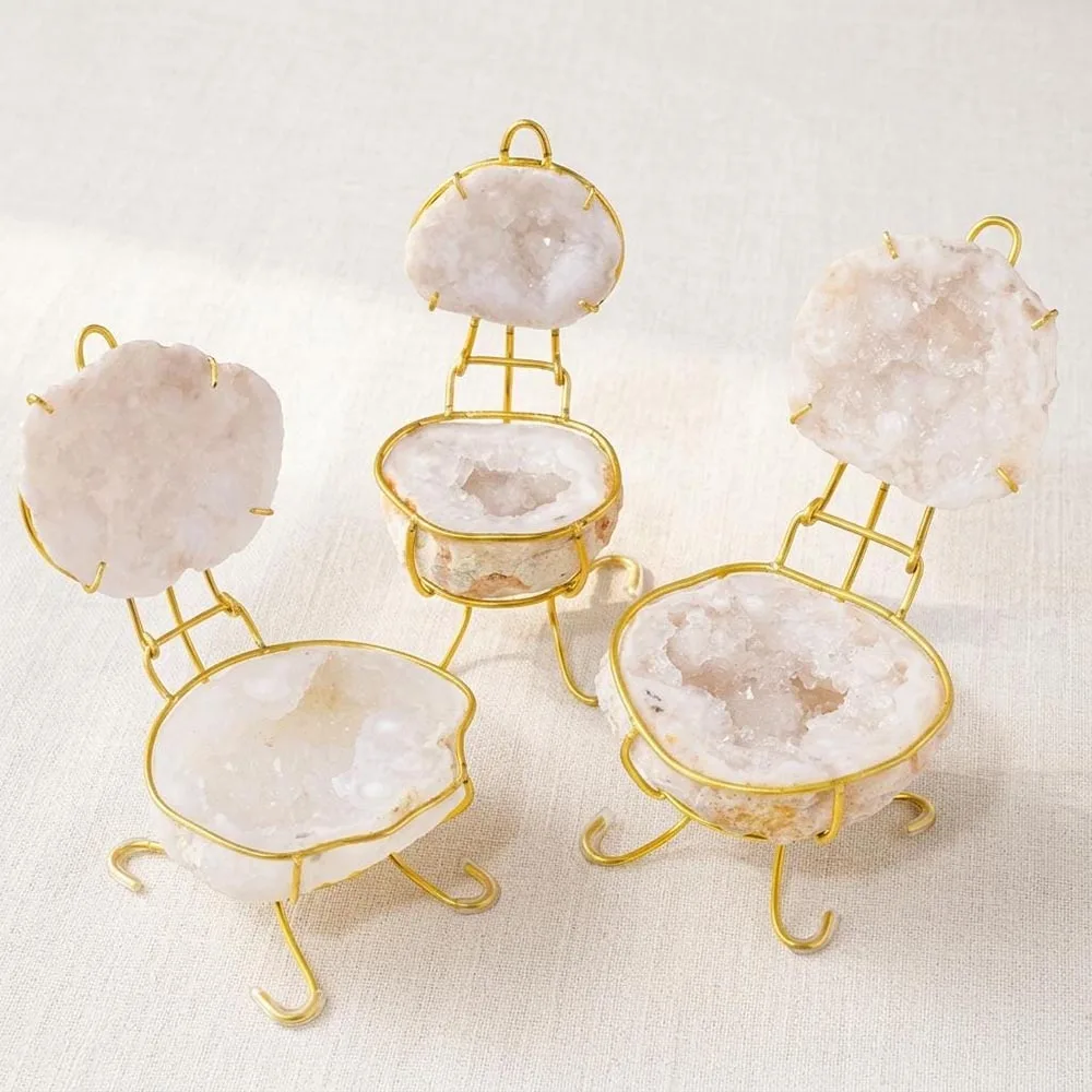 Natural Agate Geode Crystal Chair Ornament Gold Metal Stand Healing Gemstone Energy Stone Cleansing Bowl Home Decor Gift