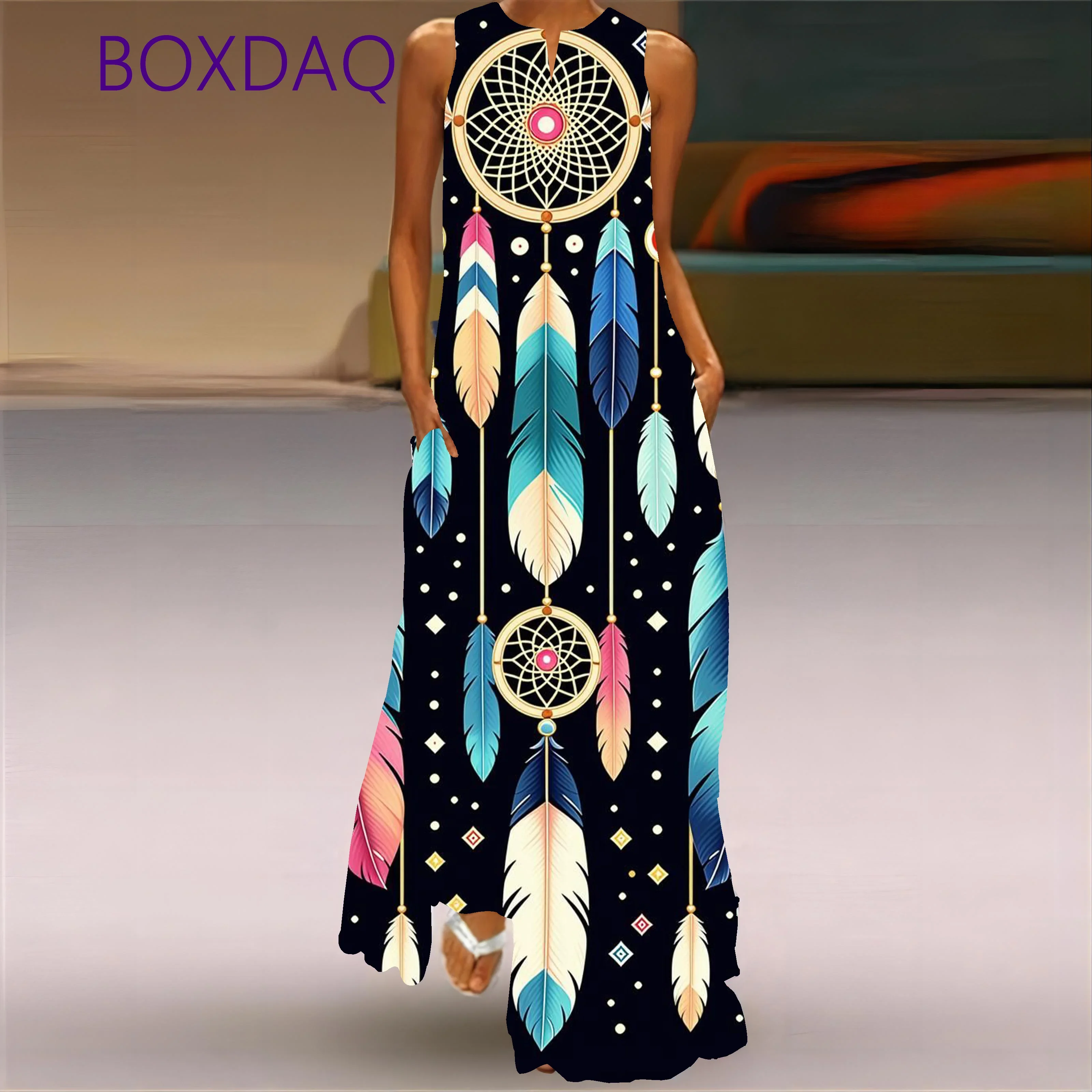 2025 جديد الخريف رداء خمر الأزهار المطبوعة فساتين طويلة للنساء موضة الخامس الرقبة فضفاضة بلا أكمام فستان غير رسمي #5