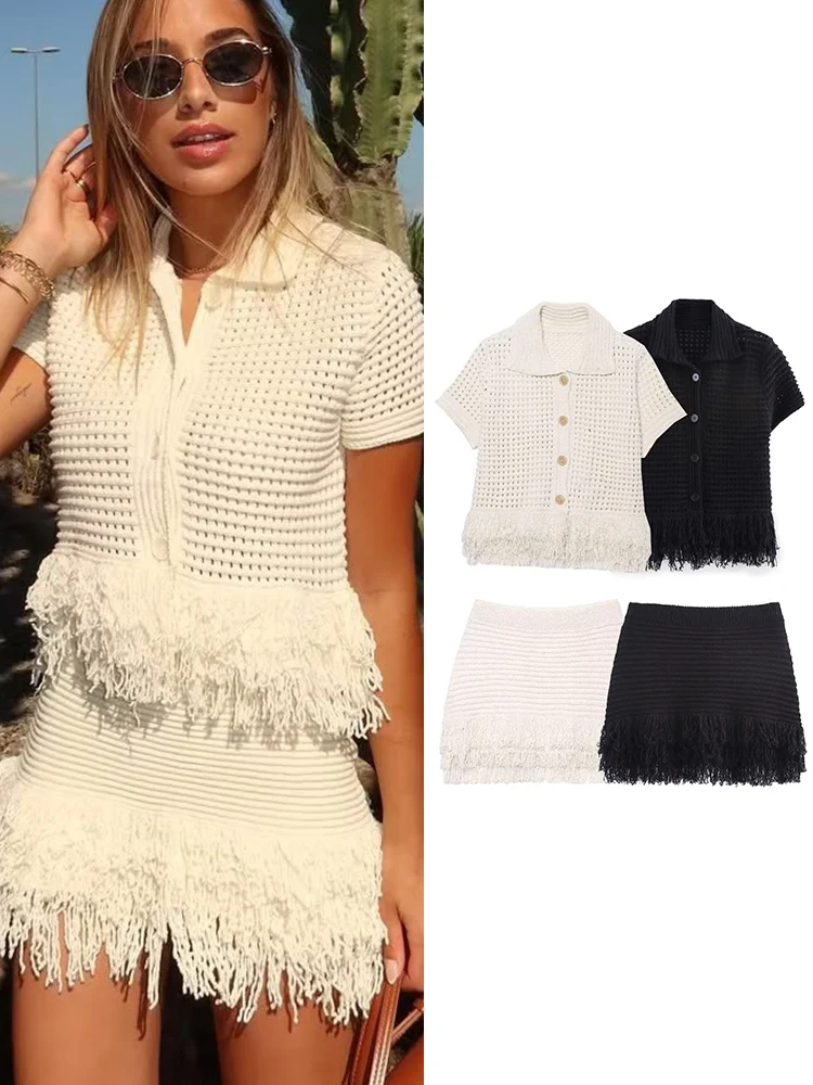 

TFMLN Элегантная женская трикотажная мини-юбка с кисточками, шикарный комплект с короткими рукавами и пуговицами, юбка с высокой талией, женский тонкий наряд