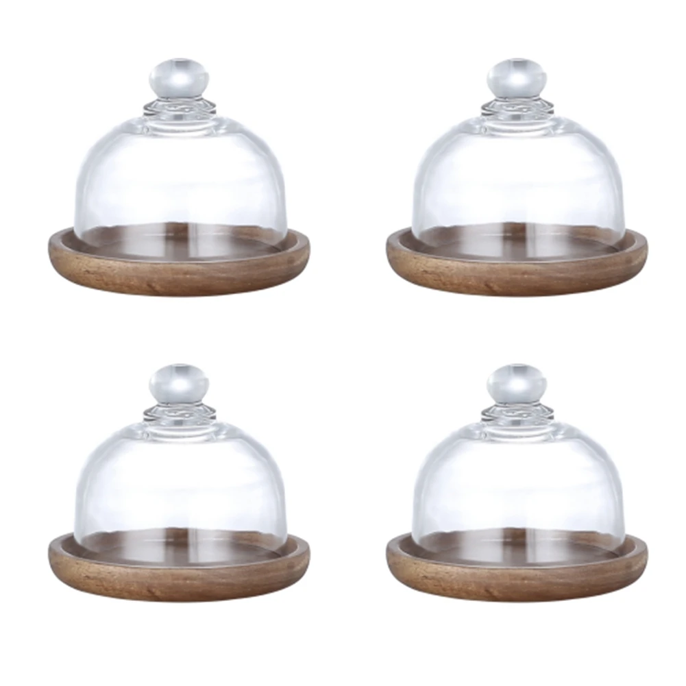 

Multifunctional Mini Dessert Serving Stand Acacia Cake Dish with Dome Lid Platter Cake Plate for Home Hotels(4Pcs)