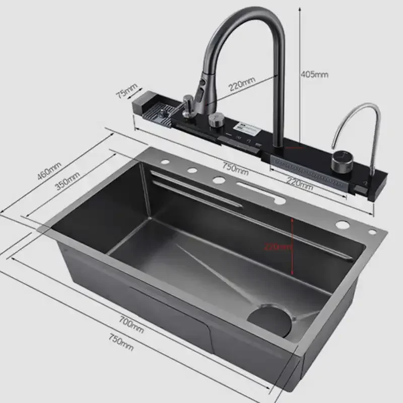 MCBKRPDIO black SUS smart kitchen sink nano stainless steel hand made kitchen sink waterfall kitchen sink with digital display