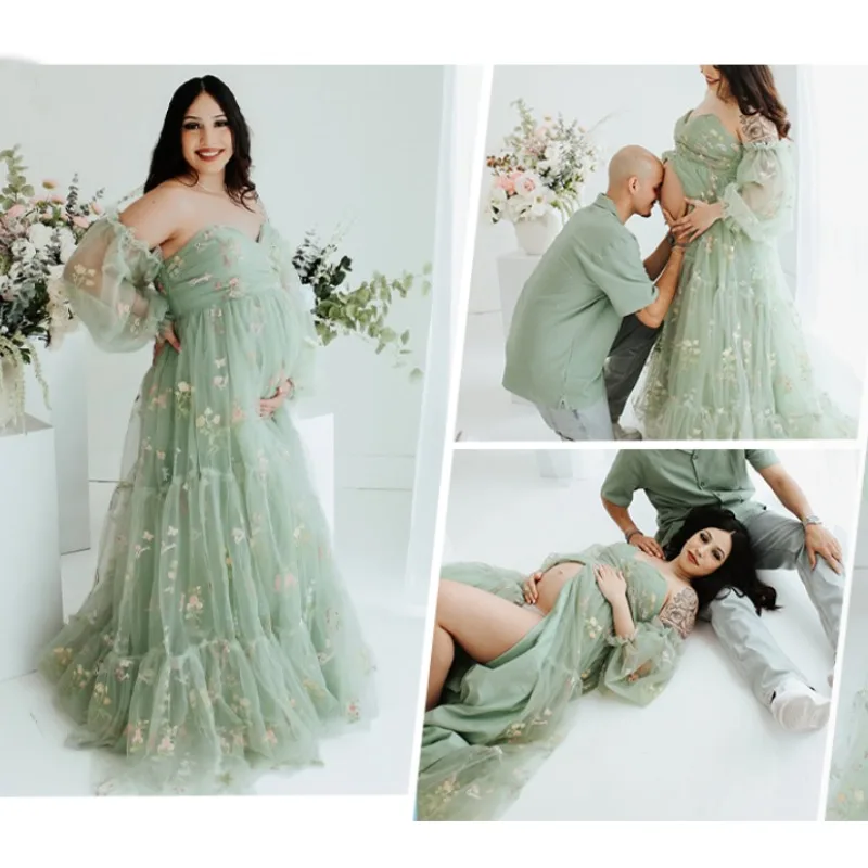 Vestidos de Maternidad con Bordado de Flores, Vestido Largo de Tul para Embarazo, Vestido para Baby Shower y Sesión de Fotos para Mujer, Vestido Maternidad