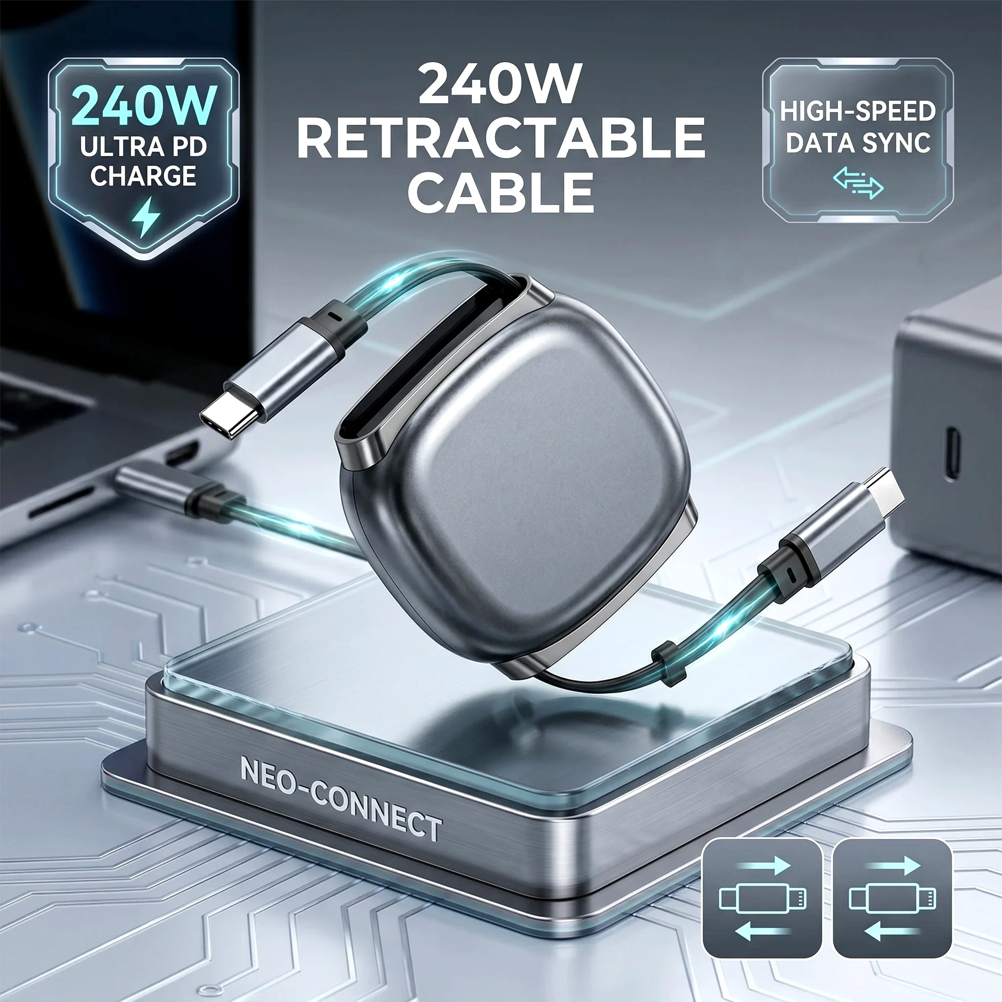 Cable de Carga Rápida USB-C 240W con Ranura Magnética y Diseño Retráctil