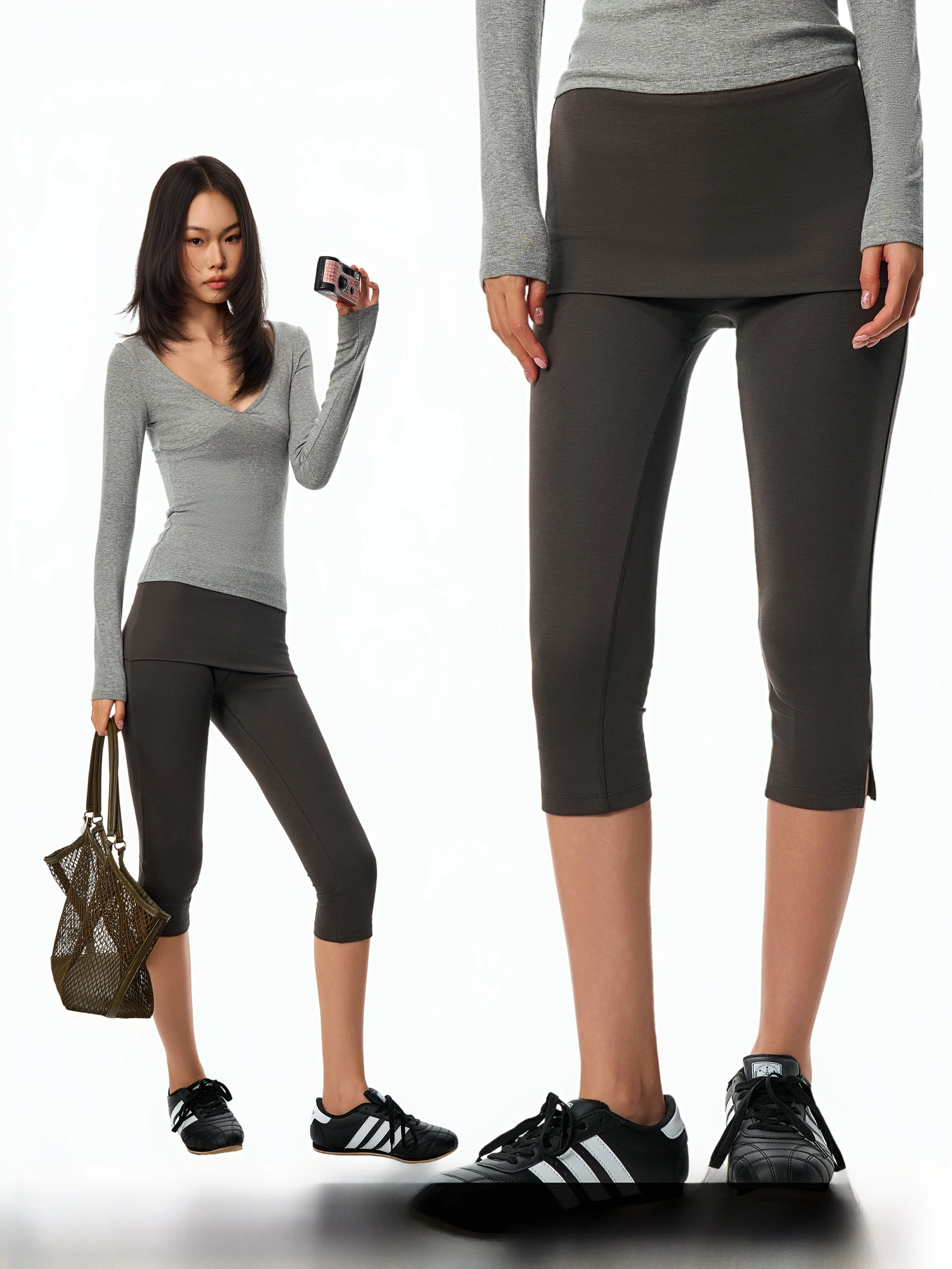 American Style Carbon Grey Elastic Slim Fit Casual Pants Women's Autumn Fashionable Leggings Open Slit Seven-Foot Length