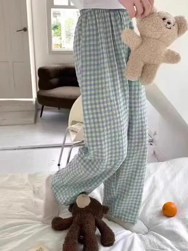 여름 얇은 격자 바지 여성의 느슨한 스트레이트 레그 캐주얼 바지 편안한 홈 잠옷 워킹 바지 통기성