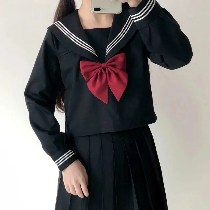 Uniforme de marinero básico para niñas de la escuela japonesa de talla grande Jk con lazo rojo negro tres trajes de manga larga para mujeres v;2,r'6;t.