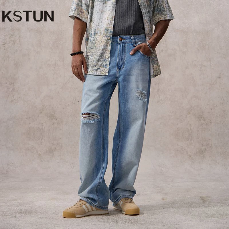 

KSTUN 2025 летние рваные джинсы, мужские широкие прямые свободные потертые джинсы для мужчин, потертые мужские мешковатые брюки с вырезами
