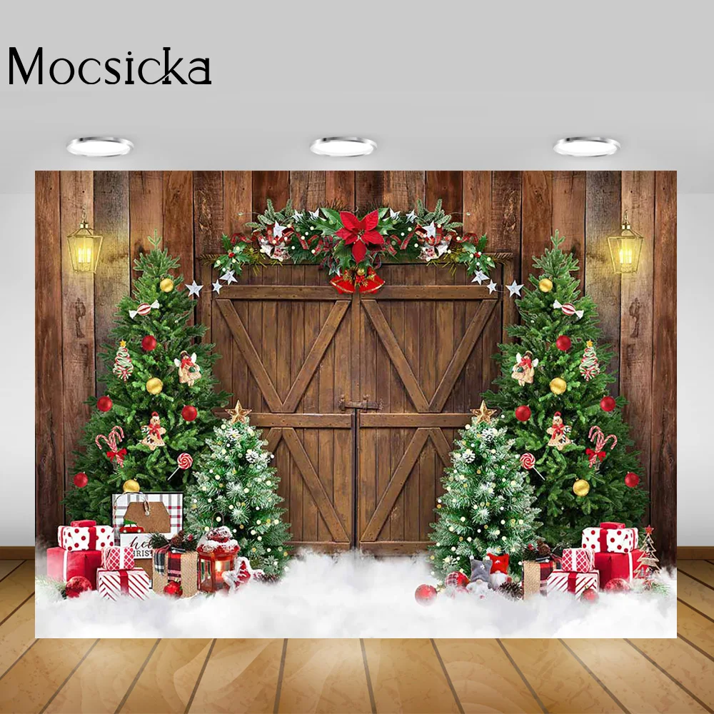 겨울 소박한 문짝 메리 크리스마스 파티 배경, 크리스마스 트리 산타 선물, 가족 초상화 사진 배경, 눈 사진 촬영