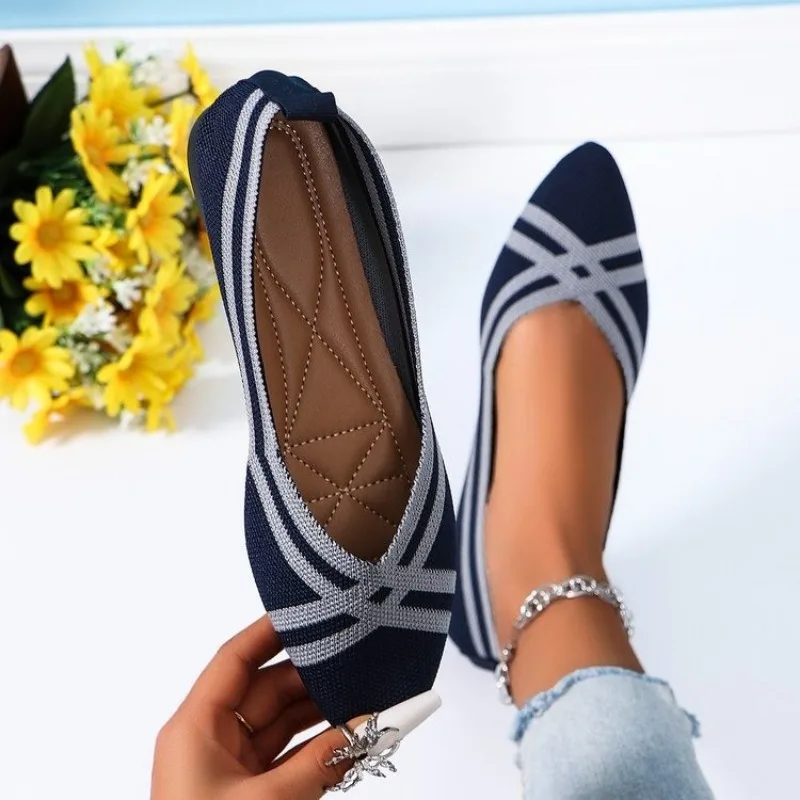 Autumn Women Casual Shoes for Woman Slip-on Pump Knit Single Flat Shoes Breathable Pointed Head Ladies Cloth Loafers Size 43