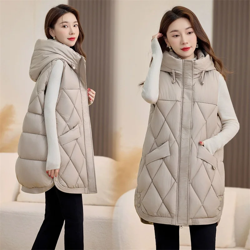 Frauen Mit Kapuze Weste Herbst Winter Mantel Neue Mode Gepolsterte Unten Baumwolle Weste Dicke Warme Ärmellose Jacke Weibliche Lose Outwear