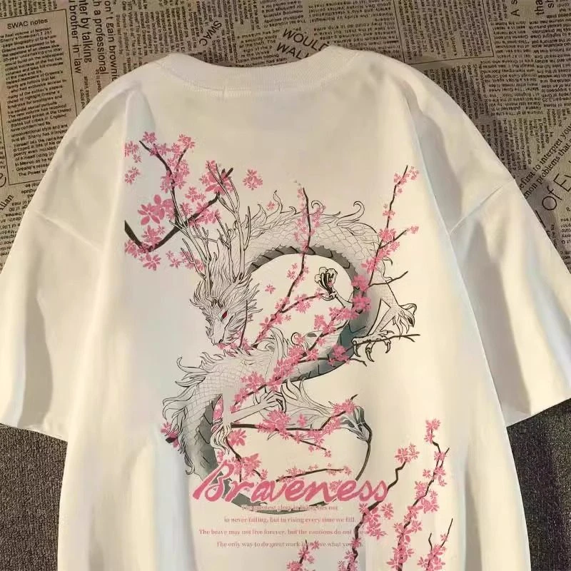 夏 Guochao ドラゴン プリント ティーン プレミアム ブラック 半袖 Tシャツ メンズ ルーズ トレンド トップ