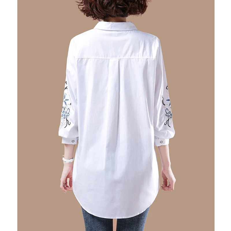 Korean Simple Embroidery White Cotton Button Up Shirts Spring Casual Long Sleeve Loose Tunic Tops Blouses for Women Clothes 2023