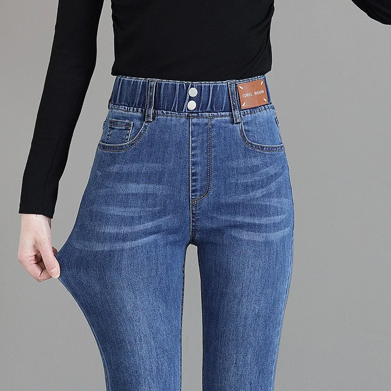 High Waist Flared Leg Jeans Loose Fit Japanese Korean Casual with Full Length Patchwork Elastic Waist Autumn Women Flared Jeans