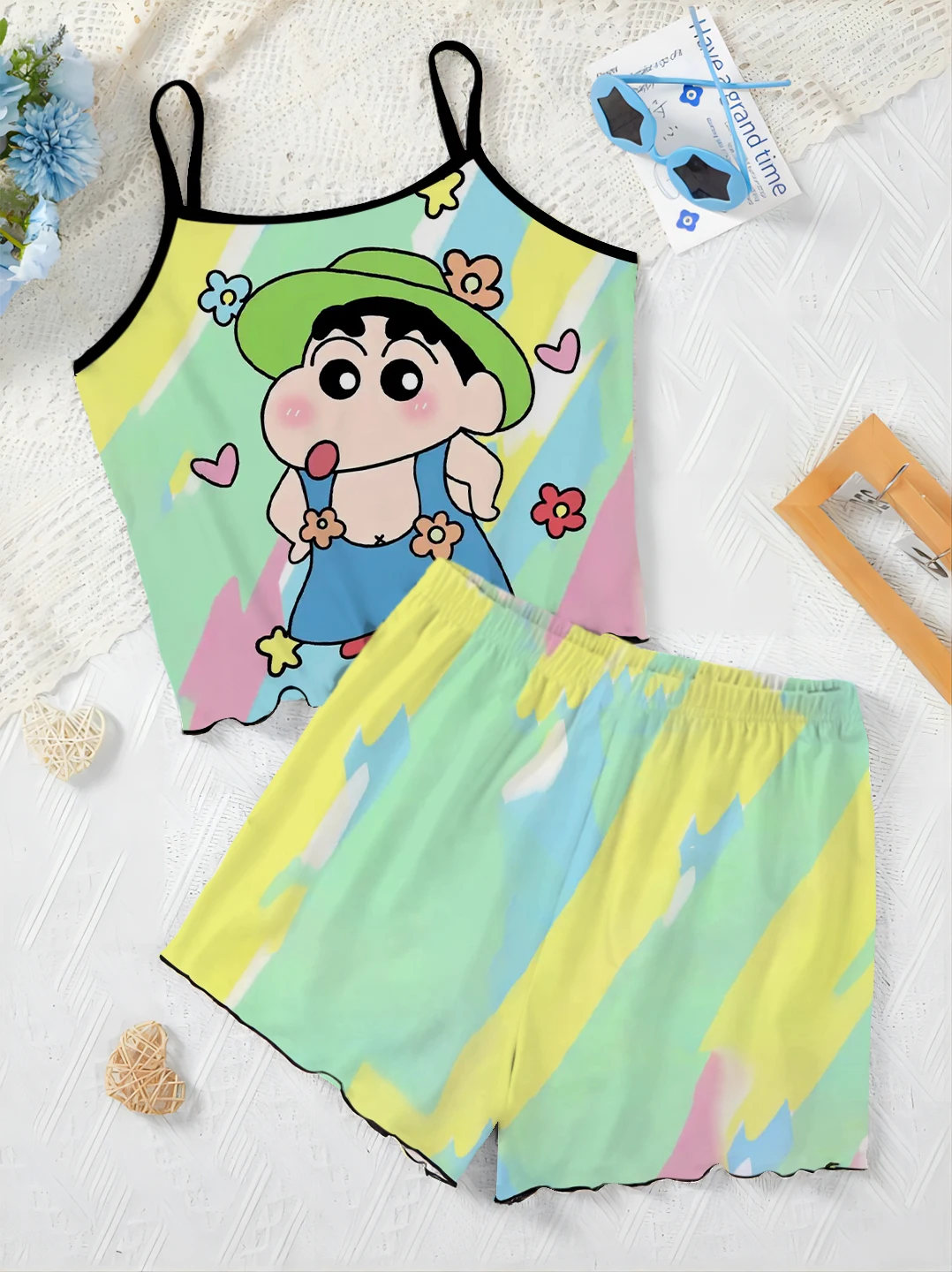 

Summer pajamas suspender tops shorts night sleep clothes pajamas 2-piece set Crayon Shin-chan printed satin silky imitation silk