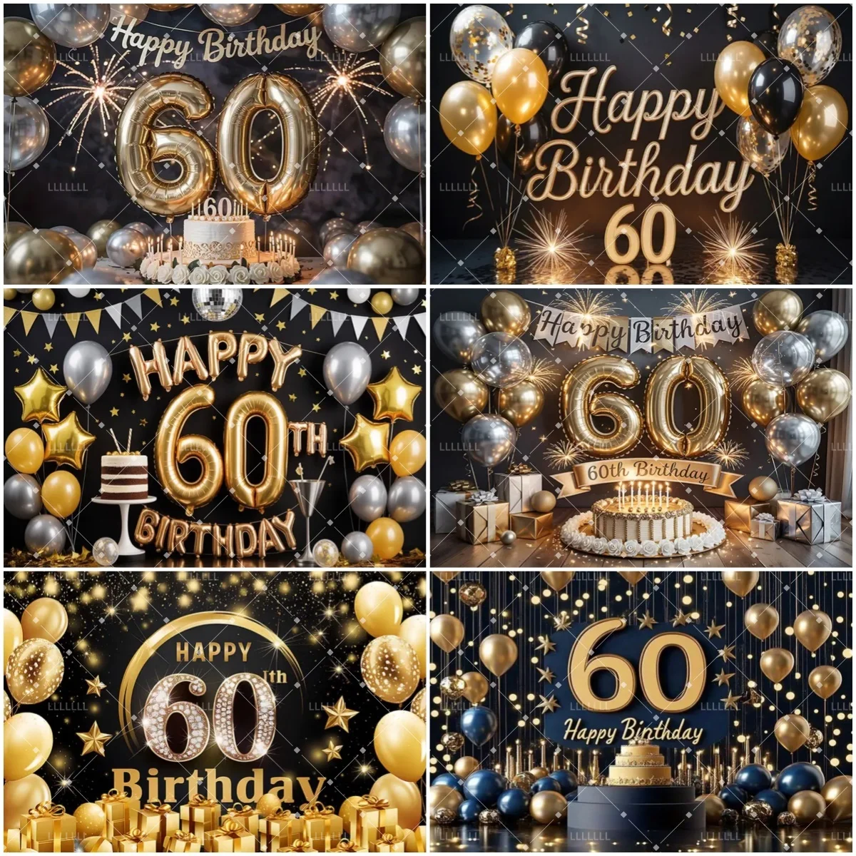 

60th Birthday Party Supplies Banner Balloons Cake Champagne Decor Backdrop 60 Years Old Photography Background Prop Studio Gifts