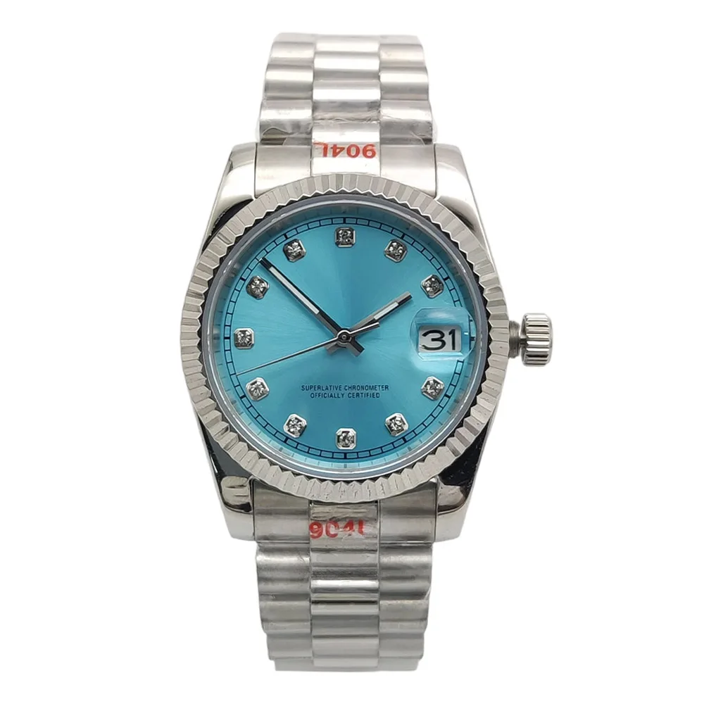 36/39MM  Wristwatch in Sapphire Steel for Men and Women Ice Blue Dial Shoous Diamond Marks, NH35 Automatic Date Display Watch