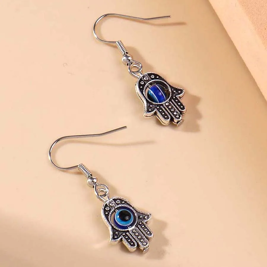 Boucles d'oreilles pendantes œil turc bleu pour femme, mini main de Fatma Hamsa, boucles d'oreilles courtes vintage, bijoux porte-bonheur de protection