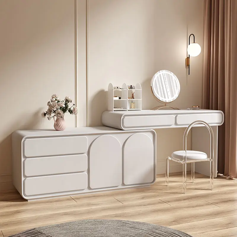 

Luxury Minimalist Solid Wood Dressing Table Modern Retractable Makeup Vanities with Storage for Bedroom Foldable Standing Mirror